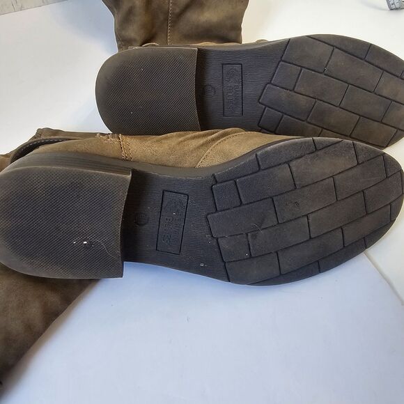 Banana Blue Studded Taupe Knee Tall Boots Sz 9M Buckle Block Heel Moto Fall S129 - Picture 7 of 12